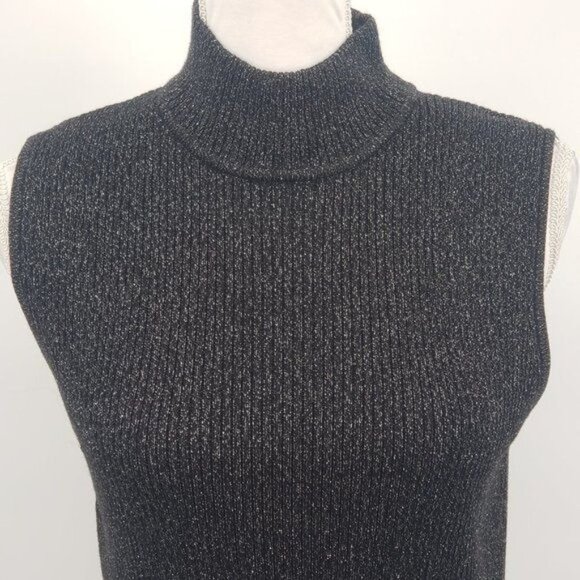 DANA BUCKMAN Mock Neck Sleeveless Tank Sweater Top Black Glitter Size Medium - Picture 3 of 9